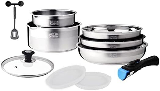 Arthur Martin AM0025 Batterie de cuisine amovible 10 pièces Acier Inoxydable Casserole avec bec verseur Poignée amovible tous feux dont induction