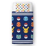 Pokemon Officially Licensed Single Kids Duvet Cover Set | Pikachu Badges Design Reversible 2 Sided Bedding with Matching Pillowcase | Character World Brands Single Bed Set