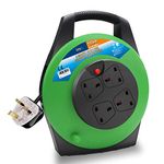 ExtraStar 13A Electrical Extension Reel, 4 Sockets Cable Reel with Winding Handle 1100W/3120W Thermal Cut Out, Heavy-Duty Extension Lead with 15 Metre Extension Cord - Green