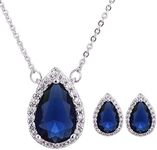 Bridal Jewelry Set for Women - Sterling Silver Blue Sapphire Teardrop Crystal Cubic Zirconia CZ Halo Necklace Earrings Set for Girls Wedding Bride Bridesmaids Gift September Birthstone Jewelry