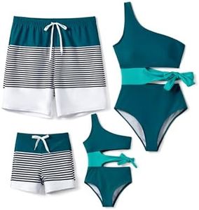 PATPAT Family Matching Swimsuits Mommy and Me Bathing Suits One Piece Swimwear Sets Colorblock Striped Swim Trunks Turquoise Green for Couple Men M