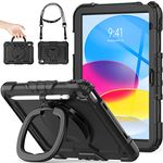 SEYMAC stock Case for iPad 10th Generation 10.9'' with Screen Protector, 360° Rotating Stand, Pencil Holder & Shoulder Strap, Full Body Protective Shockproof Kids Case for iPad 2022 10.9 Inch, Black
