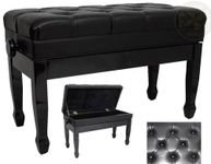 Benchworld Maestro 1G PE, Solid Wood Adjustable Piano Bench, Duet 30" Long, 14" Wide, Premium Bonded Leather Seat with Deep Diamond Tufted Buttons, Storage, Spade Legs, Polished Ebony Finish