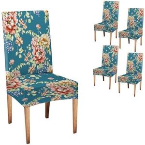 CAPSCEOLL Floral Redand Yellow On A Turquoise Color Dining Chair Covers Set of 4,Stretch Parsons Chair Slipcovers Universal Removable Washable Chair Seat Covers Protector for Dining Room,Kitchen