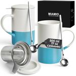 MIAMIO - Tea Cup Set 2 x 500 ml with Infuser and Lid/Ceramic Tea Mug with Infuser and Spoon for Steeping Loose Leaf Tea, Gifts for Tea Lovers - Microwave & Dishwasher Safe (Blue)