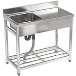 FIDOOVIVIA Stainless Steel Restaurant Kitchen Sink, Commercial Restaurant Sink with Drain & Backsplash, Catering Sink with Storage Shelf and Tap Hole(100x50x80cm, No Tap)