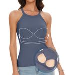 ANYFITTING Camisole with Built in Bra Casual Padded Halter Neck Tops Cami Summer Home Vest UK Ribbed-Morandi Blue L