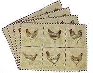 Tache Country Farmhouse Rooster Placemat Set of 4 Hens Chickens Antique Vintage Traditional Home Beige Woven Tapestry Decorative Thanksgiving Placemats, 13x19”