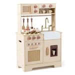 COSTWAY Kids Play Kitchen, Wooden Pretend Toy Kitchen with Realistic Lights & Sounds, Stoves, Sink, Faucet, Oven, Ice Machine, Microwave, Coffee Maker, Children Chef Role Playset for 3+ (Yellow)