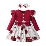 Joureker Infant Baby Girl Dress Ruffle Long Sleeve Floral Printed Baby Girls Sundress Outfits, Red, 3-6 Months