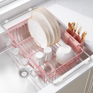 JASIWAY Pink Dish Drying Rack in Sink, Expandable Stainless Steel Dish Drainers for Kitchen Counter, Dish Dryer Rack for Inside Sink, Over The Sink Dish Racks with Utensil Holder