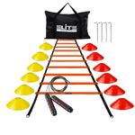 Elite Athletics Speed Agility Ladder Training Set, 12 Rung 20ft Agility Ladder, 12 Cones, Jump Rope, 4 Steel Stakes & Carrying Bag to Improve Speed, Agility, Footwork: Blue, Green, Red Yellow (Red)