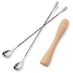 Wooden Cocktail Muddler and Stainless Steel Spiral Mixing Spoon for Cocktails, Mojito, Margaritas, Muddler Set for Bartender (Silver and Natural)