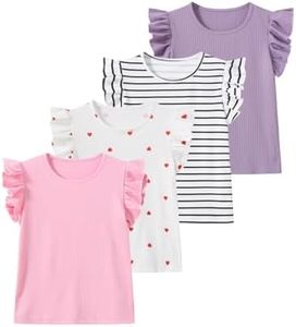 Jolyshlid Girls 4 Packs Tees Ruffle Short Sleeve T-Shirt Ribbed Knit Casual Summer Tunic Tops Multicolor 9-10Y