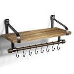 Love-KANKEI Wall Shelf for Storage - Rustic Wood Kitchen Spice Rack with Towel Bar and 8 Removable Hooks for Organize Cooking Utensils or Mugs Floating Shelf Carbonized Black