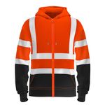 HuntaDeal Hi Viz Zip Hooded Sweatshirt | 2 Tone High Visibility Reflective Tape Work Fleece Hoodie for Men | Waterproof Safety Workwear | Hi Vis Jumper Zip Up Fleece Hoodie & Hi Vis Coat Orange Navy