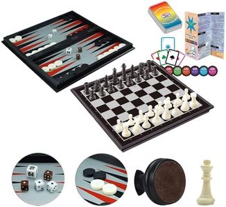 WEofferwhatYOUwant 4 in 1 Chess Checkers Backgammon Set – 36cm 14.2 inch Magnetic Folding Board with Heptagon Prime Card Game Portable Travel Strategy Games for Kids & Adults | Educational Family Set