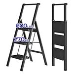 JOISCOPE 3 Step Ladder with Handrails, 600lbs Load Capacity, Lightweight Folding Step Stool for Adults, Portable Kitchen Steps Foldaway, Multifunctional Step Ladders for Home Office,Space Saving,Black