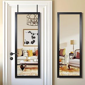 PexFix Door Mirror Full Length 51"x18" Over The Door Rectangle Sleek Black Frame Space Saving Floor Mirror Dressing Hanging Wall Mounted Mirror (US-MHJ002-BK+USAM019)