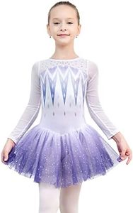 EQSJIU Long Sleeve Dance Leotard for Girls Sparkly Snowflake Ballet Dress Toddler Tutu Skirted Leotard Outfits for Girls, 7-8 Years, Ls Pruple
