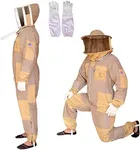 US APIARY 3 Layer Bee Suit with Fencing Veil and Round Veil One Pair Gloves Sting Proof Ventilated Beekeeping Suit, 2 Veils (Khaki, Medium)