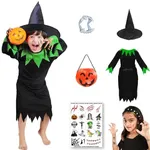 Sarvda Halloween Costume for Girls | Witch Dress Black & Green | Witch Hat | Pumpkin Basket | Dracula Teeth | Makeup Tattoo | For 3 to 4 Year Girls