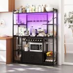 GarveeHome 55" Bakers Rack with Power Outlet and LED Light, 5-Tier Kitchen Microwave Stand Coffee Bar with Storage, 10 Hooks, Wire Basket, Metal Grid, Wine Rack, Goblet Holder, Black