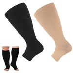 2 Pack Flight Socks for Women Large Calves, Plus Size Wide Calf Compression Socks, Toeless Open Toe Compression Socks for Women - For Support Flight Travel Pregnancy 20-30 mmhg 3XL (Black skin color)