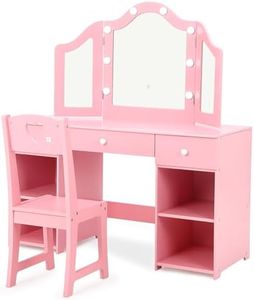 Kids Vanity with Lights, Princess Makeup Vanity Desk with Storage Cabinet & Touch Light Detachable Tri-Folding Mirror, 2 In 1 Toddler Vanity Table & Chair Set Wooden Girls Vanity Dress Table for Girls