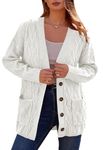PRETTYGARDEN Women's Long Sleeve Cable Knit Cardigan Sweaters 2023 Oversized Open Front Long Cardigans Button Up Outerwear, White, L