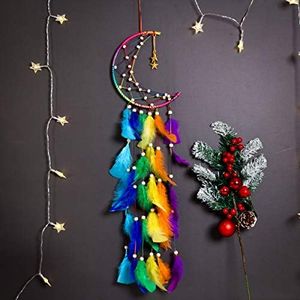 MOREBEST Dream Catcher Handmade Moon Design with Feathers Dreamcatcher Wall Hanging Home Decoration Ornament Christmas Festival Craft for Bedroom Living Room Outdoor(Colourful Moon)