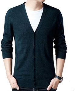Flygo Men's Fall Winter Classic Cashmere Knit V-Neck Cardigan Long Sleeve Button-Down Sweater (XS, Green)