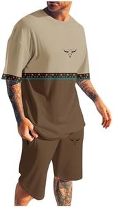 Mens 2 Piece Outfits Short Sleeve Western Graphic Colorblock Crewneck T-Shirt and Elastic Waist Shorts Set Vintage Shirts for Men Tees Gym Stuff Usa Yellow Tracksuit,03# Coffee,M