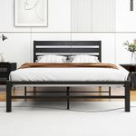 VERFARM Full Metal Platform Bed Frame with Rustic Vintage Wooden Headboard, Mattress Foundation, No Box Spring Needed/Noise-Free/Easy Assembly, Black