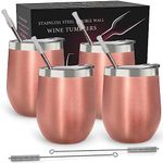 Stainless Steel Wine Tumbler 4 Pack 12 oz - Double Wall Vacuum Insulated Wine Cups with Lids and Straws Set of Four for Coffee, Wine, Cocktails - Rose Gold (Pack of 4 Cups)