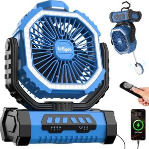 Ventilateur de Camping Extérieur avec Lumière, Alimenté par Batterie 20000mAh, Ventilateur Portable Rechargeable avec Télécommande et Crochet Rotatif à 360°, 4 Vitesses Pour le Voyage (Bleu)