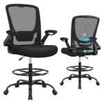 SONGMICS Drafting Chair with Flip-up Armrests, Mesh Office Chair, Ergonomic Painting Chair with Height Adjustable Lumbar Support and Footrest, for Standing Desk, Bar Counter, Black OBN026B02