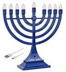 Electronic Hanukkah Menorah Powered by Batteries or USB 4' Cable Included Flameless Chanukkah Candles LED Flame Shaped Bulbs Chanukah Decorations by Zion Judaica (Blue)