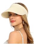 soul young Womens Beach Straw Sun Visor Hat Ponytail Hole UV Protection Wide Brim Summer Cap Packable for Travel UPF 50+(One Size,White)