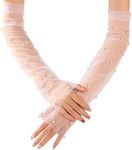 YAEISM Pearl Wedding Gloves White Bridal Gloves Sheer Silk Tulle Gloves Long Detachable Sleeves for Wedding Dresses Thin Fingerless Gloves for Women, White