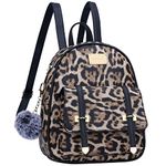 KKXIU Girls Small Backpack Purse Vegan Leather Mini Bookbag for Women Cute Teen Pompom Daypack, Brown Leopard, Small, Backpack