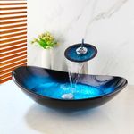 MINIFOUCET 21 Inch Tempered Glass Sink Blue Black Vessel Sink Oval Bathroom Vessel Sink with Faucet and Pop-Up Drain Combo Bathroom Sink Artistic Glass Vessel Sink Modern Bathroom Sink