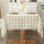 Laolitou Checkered Tablecloth Rectangle Washable Buffalo Plaid Table Cloth with Tassel Cotton Linen Gingham Table Cover for Picnic Kitchen Dining Room, Beige, 70 Inch