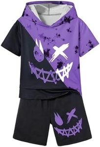 WDIRARA Boy's Two Piece Graphic Print Hooded Neck Tops and Track Shorts Clothing Set Purple Black 10Y
