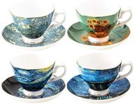 GUTE Van Gogh Tea Set, 4 Bone China Mugs with Gold Lined Handles, 8oz, Set of 4 - Great for Gifting