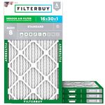 Filterbuy 16x30x1 Air Filter MERV 8 Dust Defense (4-Pack), Pleated HVAC AC Furnace Air Filters Replacement (Actual Size: 15.75 x 29.75 x 0.75 Inches)