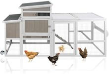 PetsCosset Chicken Coop with Run, Mobile Hen House with Wheels, Indoor/Outdoor Rabbit Hutch, Predator-Resistant, Nesting Box, 3 Perches, Tray, Combinable Design, for Chickens and Bunnies, Grey