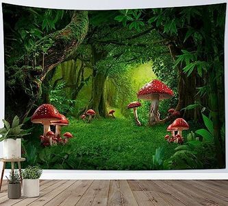 HVEST Forest Tapestry Wall Hanging Red Mushroom in Green Leaf Tree Forest Nature Landscape Tapestry for Bedroom, Fairy Tale Forest Tapestry for Living Room Dorm Wall Decor, 60W X 40H inches