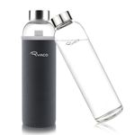 RYACO Borosilicate Glass Water Bottle 1000ml/1L BPA-Free Leak Proof Ideal for School Home Office Travel Sport Yoga Gym Hot Cold Drinks with Portable Neoprene Carrying Sleeve and Sponge Brush