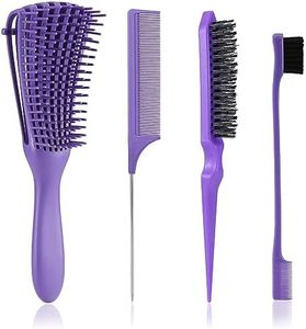 Detangling Brush with Hair Styling Comb Set, Hair Brushes for Women Men Kids Curly Hair, Hair Brush Set include Detangler Brush Teasing Hair Brush Rat Tail Comb Edge Brush (Purple)